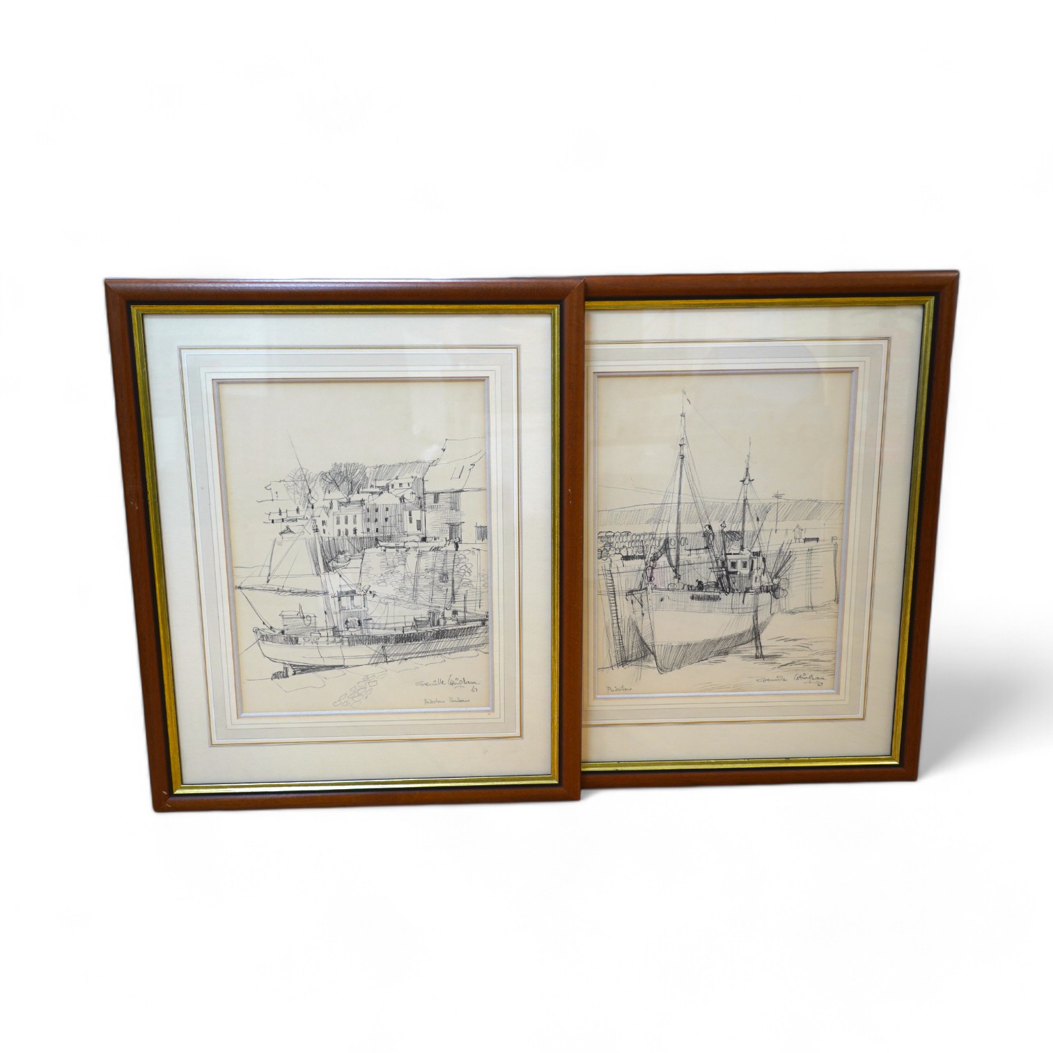 Grenville Cottingham (1943-2007), pair of charcoal sketches, Padstow Harbour scenes, each signed and dated ‘67, 41 x 30cm. Condition - fair to good